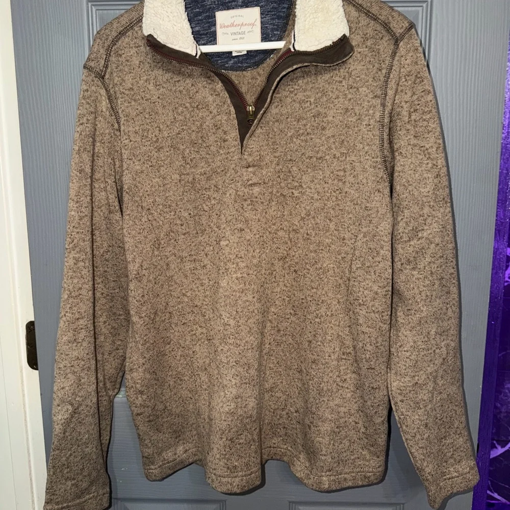 Weatherproof Vintage Mens Brown Marled Sherpa Lined Quarter Zip Pullover Sweater